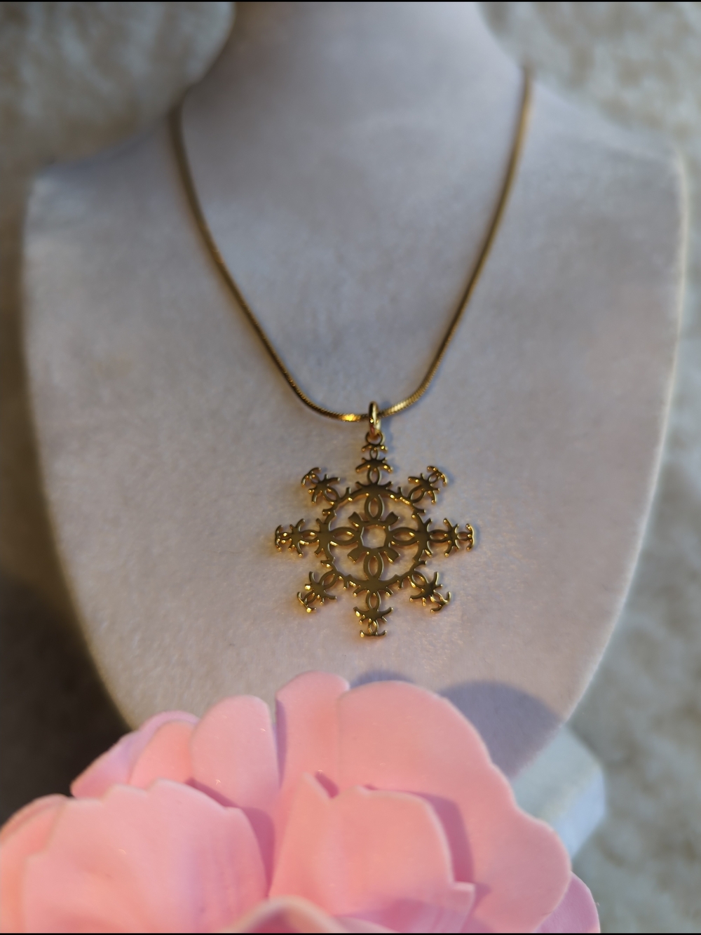 CHANEL Authentic Gold Snowflake Motif Pendant + Unbranded Stainless Steel Chain